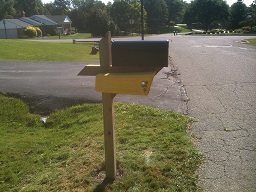 Metal Box - Installed onto a Wooden Post - plus reattached paper chute - crossbeam(Angled top design) - $225